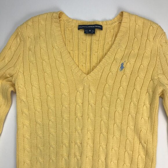 RALPH LAUREN SPORT Yellow Cotton Medium V-Neck Cable Knit Sweater - Picture 3 of 5